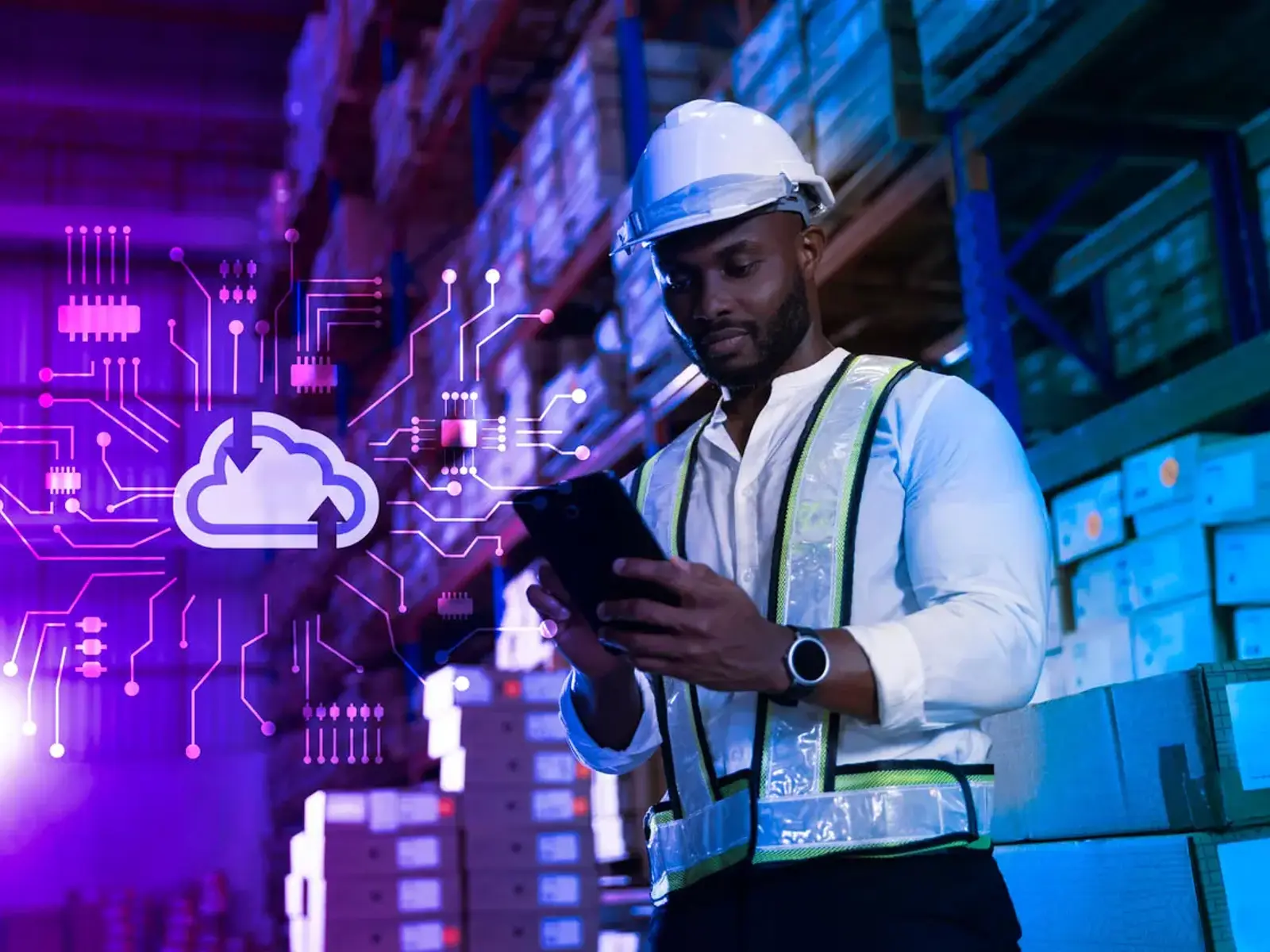 An industrial distributor in a warehouse trying to decide between cloud-based SaaS ERP or on-premise ERP.