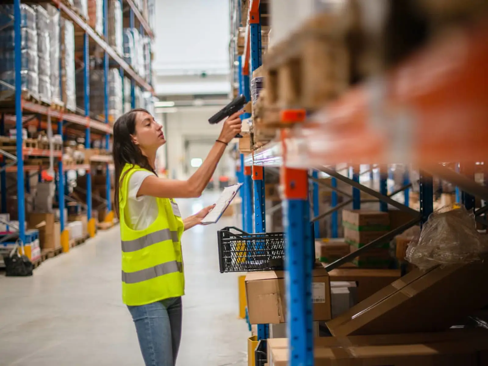 A warehouse employee for an industrial distributor completing a cycle count for existing inventory.