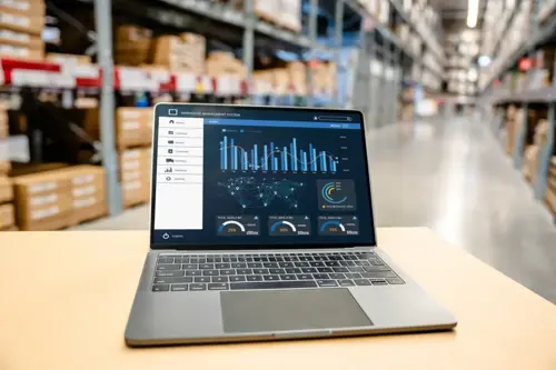 A computer with distribution ERP in a warehouse.