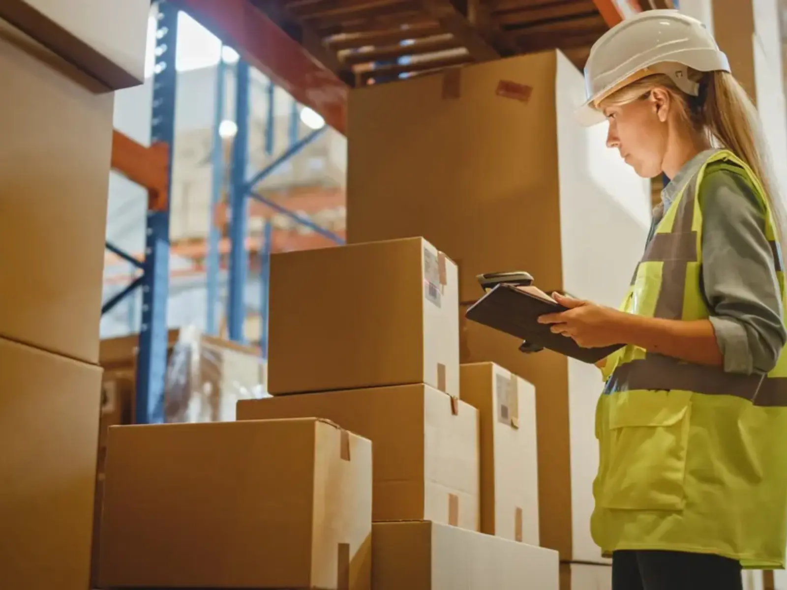 worker inspecting boxes